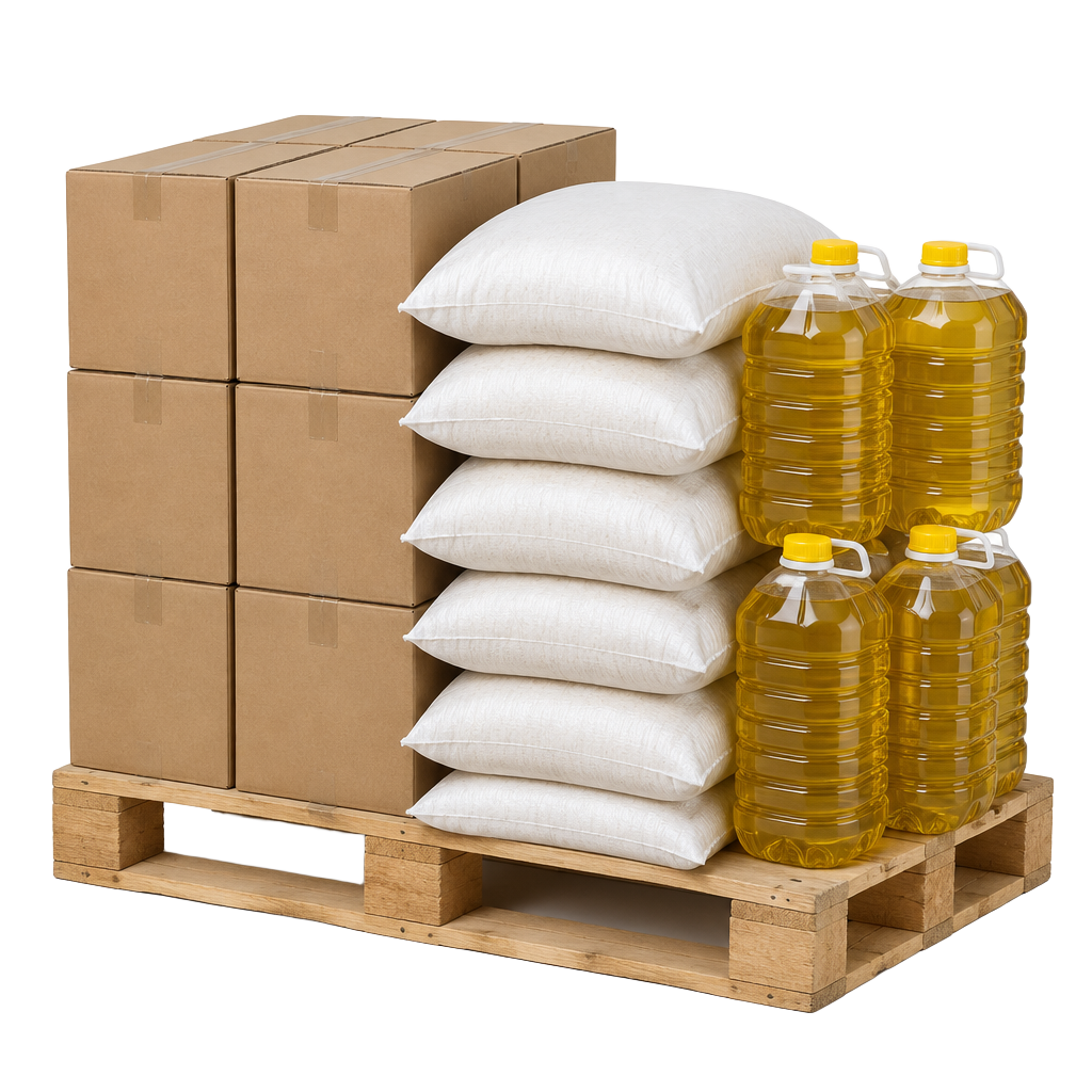 Cartons, rice sacks and cooking oil jerricans on a pallet